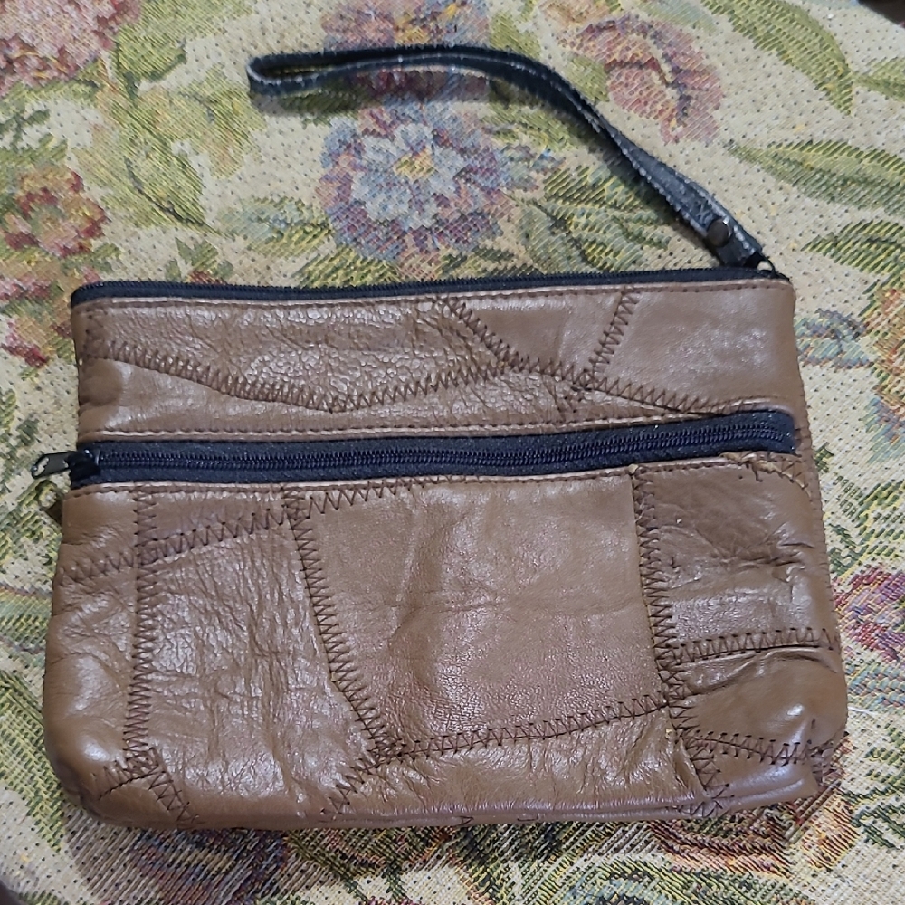 Brown Leather Patchwork Wristlet